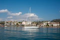 White modern yacht moored near Marmaris city in Turkey. Luxury white boat yacht against of the resort city. Ships in sea Royalty Free Stock Photo
