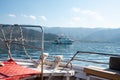 White modern yacht moored near Marmaris city in Turkey. Luxury white boat. Ships in the sea. Sea traveling. View from Royalty Free Stock Photo