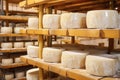 white molds covering parmesan wheels on wooden racks