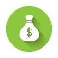 White Money bag icon isolated with long shadow. Dollar or USD symbol. Cash Banking currency sign. Green circle button Royalty Free Stock Photo