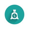 White Money bag icon isolated with long shadow. Dollar or USD symbol. Cash Banking currency sign. Green circle button Royalty Free Stock Photo