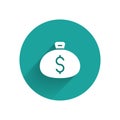 White Money bag icon isolated with long shadow. Dollar or USD symbol. Cash Banking currency sign. Green circle button Royalty Free Stock Photo