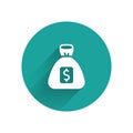 White Money bag icon isolated with long shadow. Dollar or USD symbol. Cash Banking currency sign. Green circle button Royalty Free Stock Photo