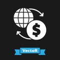 White Money exchange icon isolated on black background. Euro and Dollar cash transfer symbol. Banking currency sign Royalty Free Stock Photo