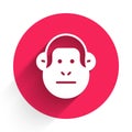 White Monkey icon isolated with long shadow. Animal symbol. Red circle button. Vector Royalty Free Stock Photo