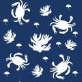 White monochrome seamless pattern white crab, coral and seaweeds on a blue background.