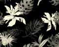 White Monstera Decor. Black Watercolor Leaf. Banana Leaf Plant. Seamless Illustration. Pattern Garden. Tropical Decor. Vintage Jun