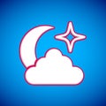 White Moon and stars icon isolated on blue background. Cloudy night sign. Sleep dreams symbol. Full moon. Night or bed Royalty Free Stock Photo
