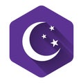 White Moon and stars icon isolated with long shadow. Purple hexagon button