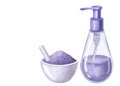 White mortar with lavender sea salt. Bowl and pestle. Purple dispenser bottle plastic glass cosmetic. Hand draw