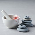 A white mortar and pestle sits beside a neat stack of flat, smooth stones. Red saffron Royalty Free Stock Photo