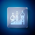 White Moscow symbol - Saint Basil`s Cathedral, Russia icon isolated on blue background. Square glass panels. Vector