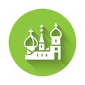 White Moscow symbol - Saint Basil`s Cathedral, Russia icon isolated with long shadow. Green circle button. Vector Royalty Free Stock Photo