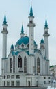 White mosque with blue domes during the day, blue sky. Vertical view. Kazan Kremlin, the main cathedral juma mosque