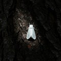 A white moth with delicate wings is perched on dark, textured tree bark. The contrast Royalty Free Stock Photo