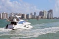 White Motor Yacht and Southbeach Skyline Royalty Free Stock Photo