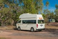 White motorhome, campervan vehicle parked at parking lot at Mamukala Wetlands