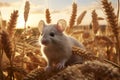 White mouse in beautiful wheat field at sunset with dramatic setting sun in background Royalty Free Stock Photo