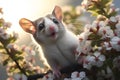 White mouse on a branch of a flowering tree in the rays of the setting sun Royalty Free Stock Photo
