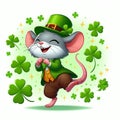 a white mouse, dressed as a leprechaun with a bow tie and vest, dancing a jig surrounded by four leaf clovers Royalty Free Stock Photo