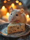 A white mouse nibbling cheese in soft candlelight.