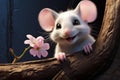 a white mouse with a pink flower