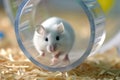 White mouse is running in running wheel for hamsters Royalty Free Stock Photo