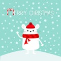 White mouse on snowdrift. Waving hand. Merry Christmas. Candy cane. Happy New Year 2020 sign symbol. Cute funny cartoon kawaii Royalty Free Stock Photo