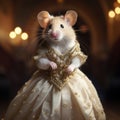 A white mouse that is wearing a golden beautiful dress