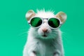 White mouse wearing green sunglasses on green background