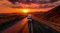 A White Moving Truck Driving On A Highway With A Beautiful Sunset In The Background. Generative AI Royalty Free Stock Photo