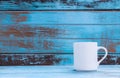 White mug, Coffee cup on blue wooden table Royalty Free Stock Photo