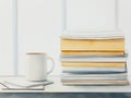 A white mug of coffee sits beside a stack of books on a windowsill Royalty Free Stock Photo