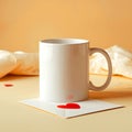 A white mug on a white envelope with red heart stickers and a soft cloth on a beige background scene Royalty Free Stock Photo