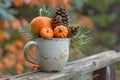 A white mug filled with small pumpkins and pine cones sits on a wooden railing Royalty Free Stock Photo