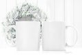 White mug mock up bright Christmas decoration. Sublimation mockup