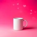 A white mug on a pink surface with blurred heart shapes floating in the pink background above the mug Royalty Free Stock Photo