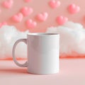 White mug on pink surface with heart shaped decorations and white clouds in the background studio shot Royalty Free Stock Photo