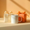 A white mug is positioned in front of two gift boxes with ribbons on a light orange background surface Royalty Free Stock Photo