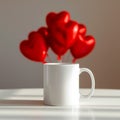 White mug with red heart shaped balloons floating behind it on a white surface in soft light Royalty Free Stock Photo