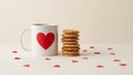 White Mug with Red Heart and Stack of Cookies on Minimal Background Royalty Free Stock Photo