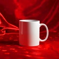 A white mug on a reflective red surface with draped fabric in the background creating a vibrant scene Royalty Free Stock Photo