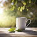 White Mug on the Table with Foliage Background, Generative AI Royalty Free Stock Photo