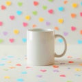 White mug on a white surface with colorful heart shaped confetti and a heart patterned background Royalty Free Stock Photo