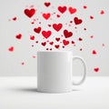 White mug on a white surface with red hearts floating above it against a white background in a studio shot Royalty Free Stock Photo