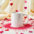A white mug surrounded by red heart shaped confetti with a draped heart patterned background fabric Royalty Free Stock Photo