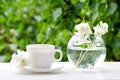 White mug of tea and a vase with jasmine on a wooden table, gree Royalty Free Stock Photo