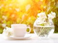 White mug of tea and a vase with jasmine on a wooden table, greens on the background, sunlight Royalty Free Stock Photo