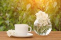 White mug of tea and a vase with jasmine on a wooden table, greens on the background, sunlight Royalty Free Stock Photo