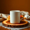 A white mug and waffles with red sprinkles on a wooden board and checkered cloth on a wooden table Royalty Free Stock Photo